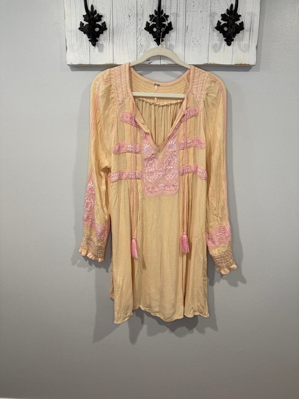 Free People Wind Willow Mini Dress Embroidered Boho Tunic Size Large
